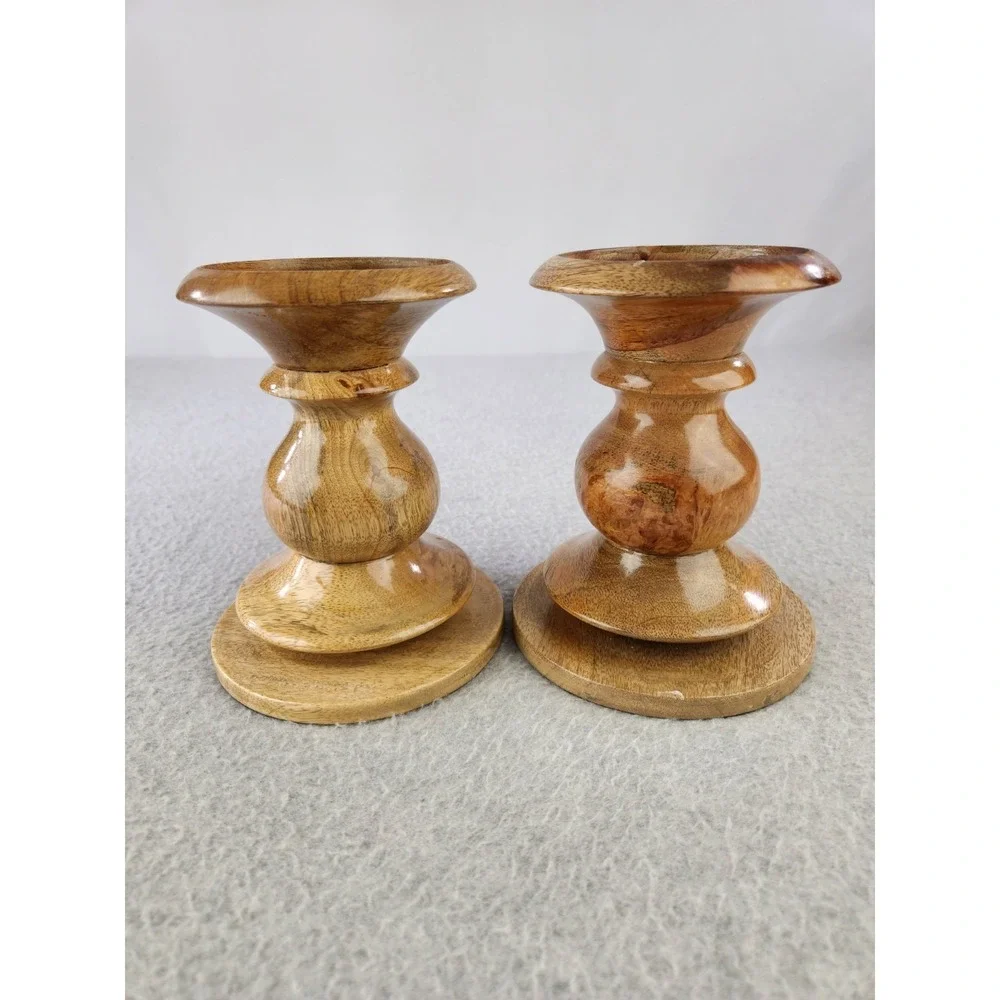 Pottery Barn Candle Holder Turned Wood Pillar Bougeoir Vintage MCM Wooden Decor